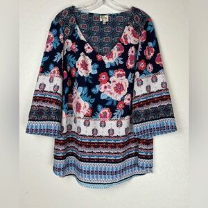 FIG & FLOWER Pullover Tunic Top Floral 3/4 Sleeve Mixed Print Blue 2X Boho 0079